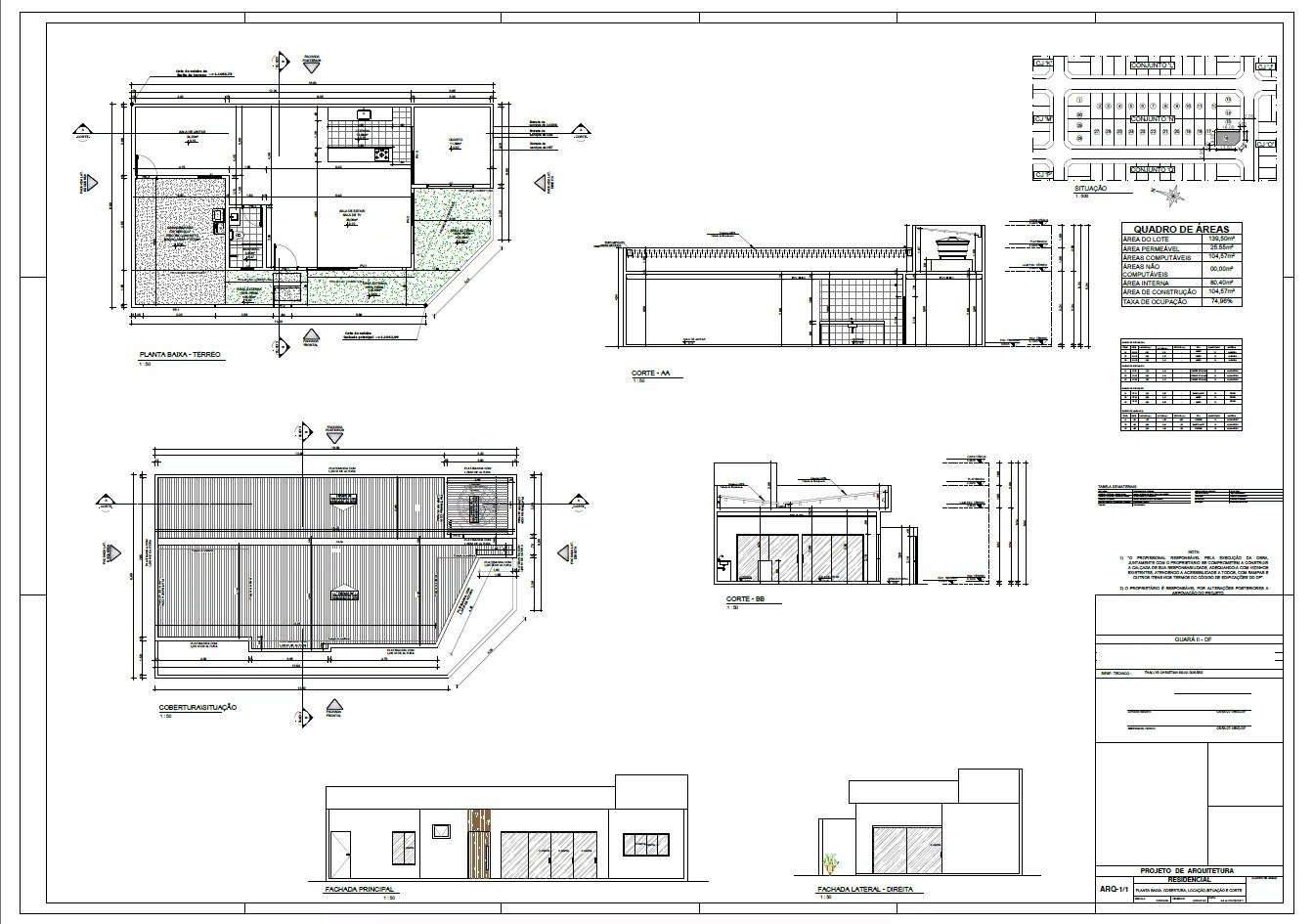 Prancha de arquitetura com planta baixa e cobertura