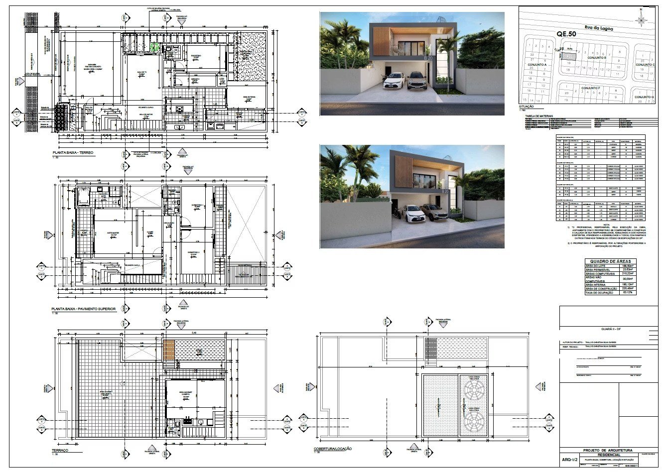 Prancha de arquitetura com planta baixa e cobertura